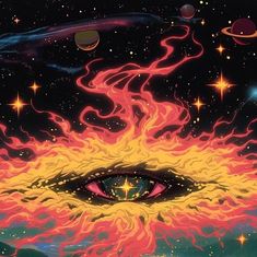 an eye surrounded by fire and planets in the sky