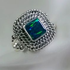 Sterling Silver 925 Ring With Beautiful Pal Stone Dark Blue/Green Color Elegant Blue Opal Ring Stamped 925, Blue Opal Open Ring In Sterling Silver, Blue Opal Birthstone Ring In Sterling Silver, Elegant Turquoise Opal Ring In Sterling Silver, Blue Green Color, 925 Ring, Jewelry Sterling Silver, Ring Color, 925 Silver Rings