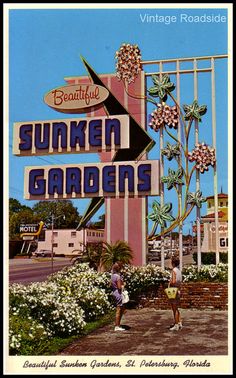 an old photo of the sunburn gardens sign in front of flowers and palm trees