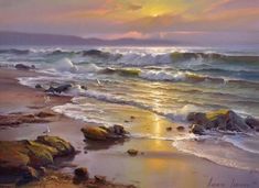 a painting of waves crashing on the beach at sunset with sun shining through the clouds