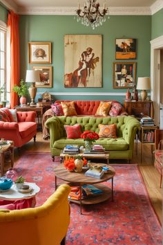 a living room filled with lots of furniture and paintings on the wall above it's windows