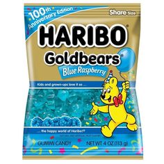 a bag of blue raspberry gummy bears with the word harbo goldbergs on it