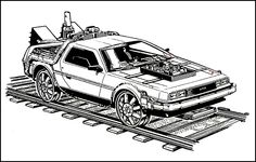 the delore car is sitting on train tracks