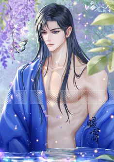 a shirtless man with long black hair standing in front of purple flowers and water