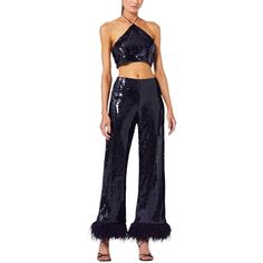 Pants with sequin detailing throughout and mid rise. Features feathers at the hem and ankle length. Pants With Feathers, Grocery Store Shopping, Sequin Halter Top, Sequin Halter, Metallic Sandals, Pretty Style, Dainty Earrings, Ulla Johnson, Halter Top