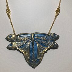 "Large Hand Crafted ART NOUVEAU Vintage Style DRAGONFLY Necklace Deep Turquoise Blue and gold colour filigree and chain I HAVE HAND CRAFTED THE PENDANT IN POLYMER CLAY FROM AN ORIGINAL VINTAGE DESIGN AND HAND COLOURED WITH A SHIMMERING gold FINISH. AS WITH ALL HAND CRAFTED ITEMS THERE MAY BE SLIGHT IMPERFECTIONS AS THEY ARE NOT MADE BY MACHINE. NECKLACE 30\" (75 CM)  IF YOU WANT IT SHORTENED TO A DIFFERENT  LENGTH, LET ME KNOW WHEN YOU BUY. NO EXTRA CHARGE Pendant approx. 2.75 inches 7 cm LONG 4 Deep Turquoise, Dragonfly Necklace, Victorian Art, Bleu Turquoise, Gold Colour, Colour List, Blue And Gold, Craft Items, Design Vintage