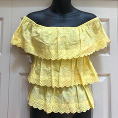 Brand New. Bright Yellow. 3 Tiers Of Ruffles. Elastic At Each Tier. Embroidered Flowers And Scalloped Eyelet Edge. Cotton. No Size Tag Or Any Labels Because This Is A Design Sample From A Major Us Company. Please Pay Close Attention To Measurements And Note That Elastic Was Not Stretched For Photos. Sf/Pf Environment Please Refer To Photos For Accurate Details Of Description. All Photos Are Of Actual Item Listed For Sale. Color May Vary Due To Lighting Conditions. Please Message With Any Questio Cotton Peasant Top With Ruffles For Vacation, Summer Peasant Tops With Ruffles, Peasant Tops With Ruffles For Summer, Peasant Top With Ruffles For Summer, Peasant Style Ruffled Top For Summer, Tiered Tops For Spring Vacation, Spring Peasant Top With Ruffles, Fitted Ruffle Peasant Top For Vacation, Boho Women