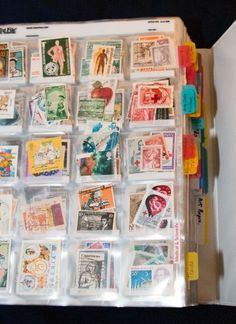 many different stamps are in a plastic case