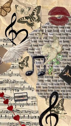 an artistic collage with music notes, hearts, and doves on top of sheet music