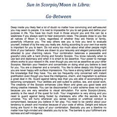 the sun in scorpion / moon in libra go between text on white paper with blue border