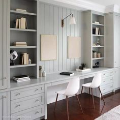 a white desk with two chairs and bookshelves