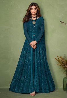 Buy Indian Party wedding wear salwar Shamita shetty teal georgette indo western lehenga choli 9144 online in USA, UK and Canada from KollyBollyEthnics.com Cheap Bollywood Dress For Festive Occasion, Western Dress From Old Saree, Western Dresses For Women Gowns, Indo Western Lehenga, Long Choli Lehenga, Teal Suit, Western Lehenga, Shamita Shetty, Indo Western Gown