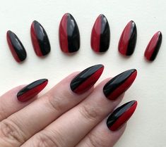 Red Harley Quinn, Harley Quinn Nails, Stiletto Shaped Nails, Acrylic Nail Shapes, Nails Stiletto, Gothic Nails, Goth Nails, Black Nail Designs, Super Nails