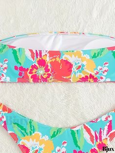 Bjux - Womens Floral Print Bandeau 2-Piece Bikini Set: High Stretch Cheeky Swimsuits for Elegant Swimwear & Fashionable Clothing Tropical Strapless Tankini For Swimming, Tropical Bandeau Tankini For Pool, Strapless Tropical Tankini For Swimming, Multicolor Bandeau Swimwear For Pool, Multicolor Bandeau Swimwear For Beach, Multicolor Bandeau Swimwear For Beach Season, Multicolor Strapless Tankini For Vacation, Beachwear Multicolor Bandeau Swimwear, Multicolor Bandeau Tankini For Pool