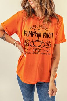 Orange Pumpkin Patch Graphic Print Crew Neck T Shirt Orange Graphic Print T-shirt For Fall, Orange Crew Neck T-shirt For Fall, Orange Crew Neck Top With Graphic Print, Orange Letter Print T-shirt For Fall, Fall Crew Neck T-shirt With Graphic Print, Orange T-shirt With Letter Print For Fall, Fall Graphic Print Crew Neck T-shirt, Short Sleeve T-shirt With Screen Print For Fall, Fall Graphic T-shirt With Slogan