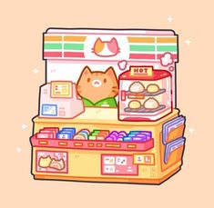 an illustration of a cat standing in front of a food vending machine