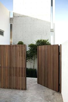 several pictures of wooden gates in front of a house