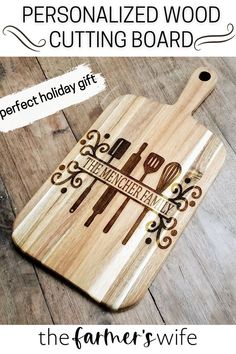 a personalized cutting board with the words, perfect holiday gift for the father's wife