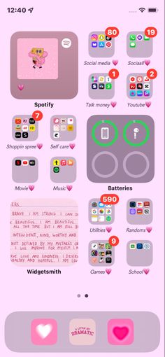 an iphone screen with different icons and buttons on the bottom right corner, including two hearts