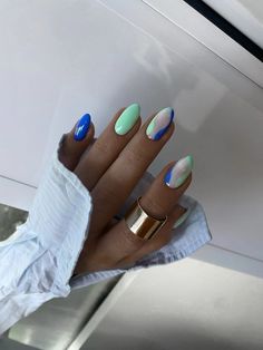 Almond Nails Designs Spring 2023, Bahama Nail Ideas, Blue Trendy Nails, Trendy Blue Nails, Manikur Kuku, Cute Summer Nails, Nagel Inspo, Neon Nails, Nails Desing