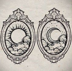 an old fashioned drawing of two oval mirrors with clouds in the middle and one on each side