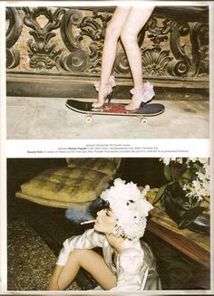 two pictures of a woman on a skateboard with flowers in her hair and wearing high heels