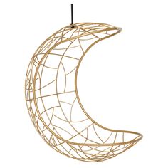 a wooden crescent hanging from a metal rod