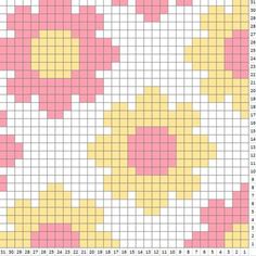 a cross stitch pattern with pink and yellow flowers on the bottom half of each square