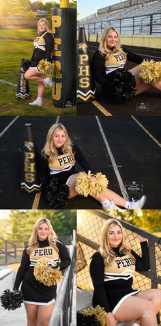 Cheerleading Senior photography at football stadium with Pom poms Cheer Portraits Cheerleading Poses, Cheerleader Senior Picture Ideas, Gold Pom Poms, Cheerleading Poses, Amanda Wilson, Cheer Photos