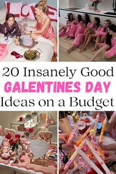 valentine's day ideas on a budget with pink and gold decorations, candles, gifts, and flowers