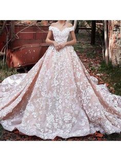 Off the Shoulder Vintage Wedding Dresses Lace Applique Pink Wedding Dresses AWD1120-SheerGirl Off Shoulder Wedding Gown, Wedding Gown Off Shoulder, Dress Celebrity, Short Sleeve Wedding Dress, Wedding Dresses Blush, Organza Wedding Dress, Detachable Train, Organza Wedding, Pink Wedding Dresses