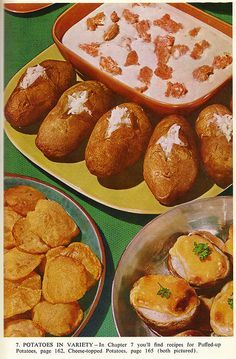 an old recipe book shows baked potatoes with dip and other foods on the table for consumption