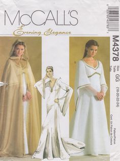 This McCall's sewing pattern was designed in 2004. It makes a lined, medieval style gown and a full length cape with a hood. Sizes 18 20 22 24: Bust 40 to 46   ---   Waist 32 to 39   ---   Hip 42 to 48. The pattern is unused and still in factory folds. The instructions are included. The envelope has a small tear. To see more dress patterns: https://www.etsy.com/shop/studioGpatterns?section_id=6940891 To visit my shop: https://www.etsy.com/shop/studioGpatterns Hooded Cape Pattern, Wedding Gown Patterns, Medieval Gown, Costume Sewing Patterns, Wedding Dress Patterns, Gown Pattern, Costume Patterns, Capes For Women, Mccalls Sewing Patterns