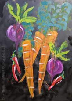 a painting of carrots and onions on a black background