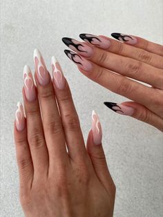 Long nails, flame nails, black and white nails, nails, pretty nails, tan, tan skin Flame Nails Long, Heart Flame Nails, Nails With Flames, Long Nails Almond, Heart Flame, Flame Nails, Long Almond, Nails Almond, Nails Long