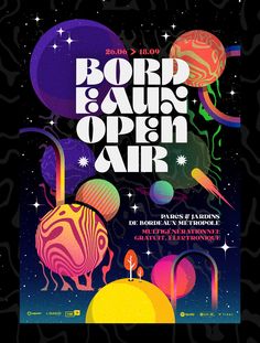 a poster for an open air event with various objects in the sky and stars around it