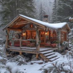 a cabin in the woods is covered with snow