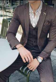 Brown Semi-formal Suits For Spring, Brown Long Sleeve Blazer For Wedding, Elegant Beige Three-piece Suit With Long Sleeves, Brown Long Sleeve Wedding Blazer, Elegant Brown Wedding Blazer, Elegant Brown Party Sets, Elegant Brown Sets For Spring, Fitted Brown Wedding Sets, Beige Fitted Blazer For Party