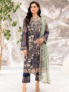 Ramsha Minhal M-902-1 Pakistani Designer Clothes, Organza Sleeves, Dress Salwar Kameez, Embroidered Chiffon, Embroidered Organza, Silk Trousers, Special Dresses, Embroidered Neckline, Pakistani Suits