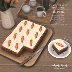 a carrot cake with frosting on a wooden tray next to a plate and fork