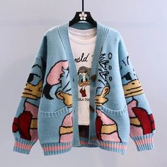 Japanese Donald Cartoon Sweaters for Women. This Autumn and Winter Coat is Loose Kidcore Clothing, Cartoon Clothing, Varsity Sweater, Warm Cardigan, Cable Knit Sweater Cardigan, Chic Coat, Y2k Sweater, Cute Embroidery, Cable Knit Cardigan