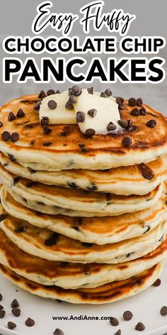 chocolate chip pancakes stacked on top of each other with text overlay that reads easy fluffy chocolate chip pancakes