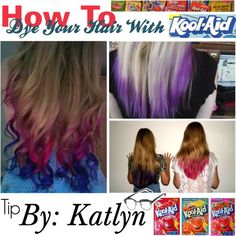 How To Dip Dye Your Hair With Kool-Aid - Find unsweetened packets (better so your hair isn't sticky). For every packet you use add one cup of water and boil it in a saucepan. Once boiling, pour the mixture into a heat proof cup or bowl. Dip the hair you want to streak or dip dye into the cup and leave it in there for five minutes (yes head over a bowl is annoying). When you remove it hold paper towel on the hair until it is dry enough that it doesn't drip. That's it! Should last 2-6 weeks! Kool Aid Hair Dye, Kool Aid Hair, Ombre Blond, Dip Dye Hair, Emma Lou, Guy Tang, Dye Hair, Cup Of Water, Dye Ideas