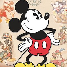 a mickey mouse cartoon character with many other characters around him