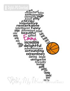 a basketball player is shown with words in the shape of his name, and an orange ball