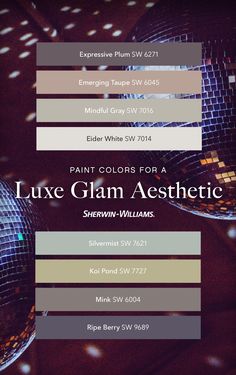 a flyer for a party with disco balls and lights in the background that says, paint colors for a luke glam aesthetic