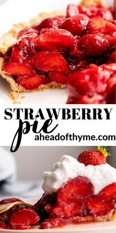 strawberry pie on a plate with whipped cream and strawberries in the background text overlay reads, strawberry pie