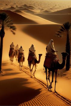 three people riding camels in the desert with palm trees and sand dunes behind them