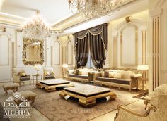 an elegant living room with chandelier, couches and tables in it's center