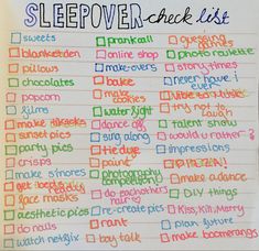 a handwritten sleepover check list on a white piece of paper with colored writing